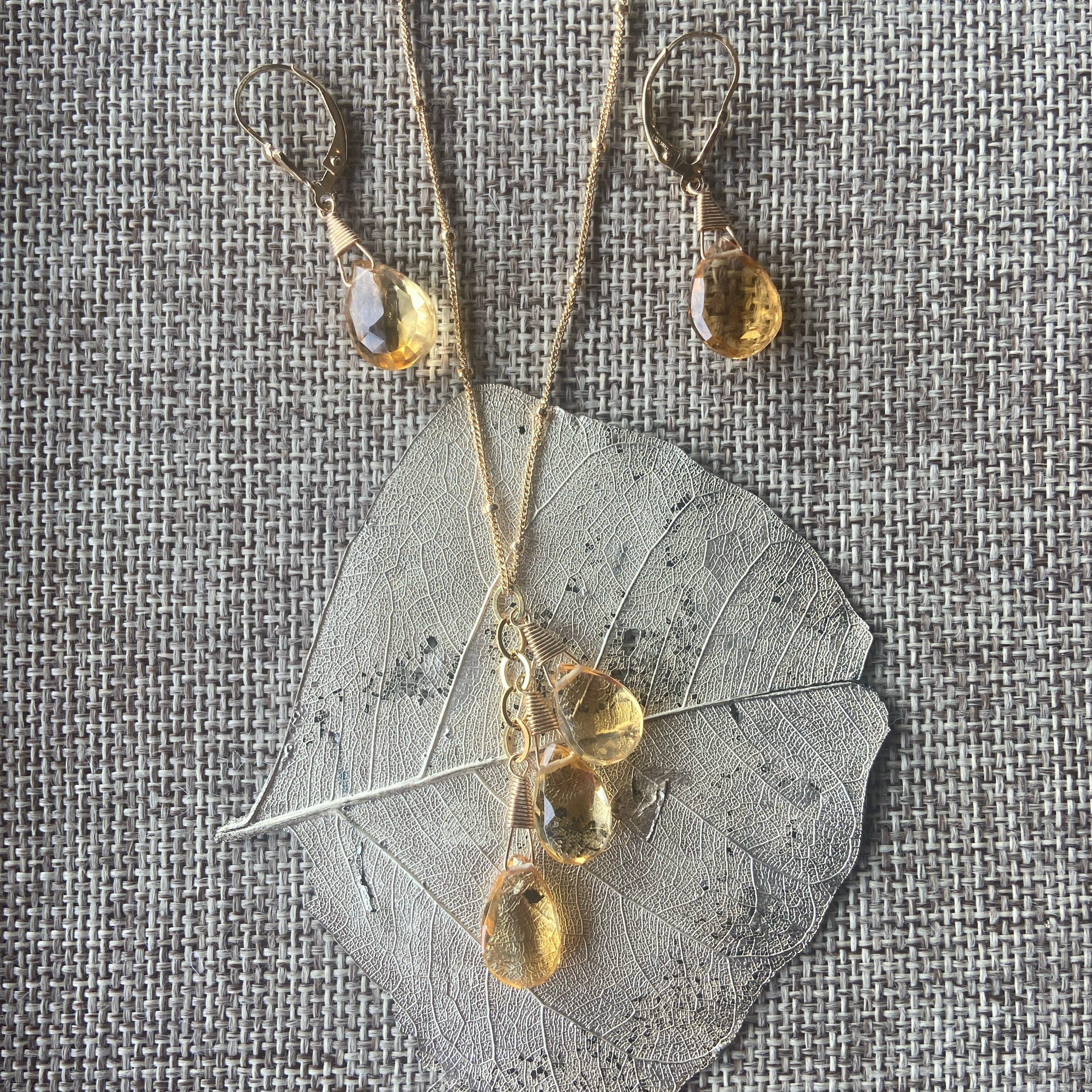 Briolette Tear Drop Citrine Necklace & Earrings