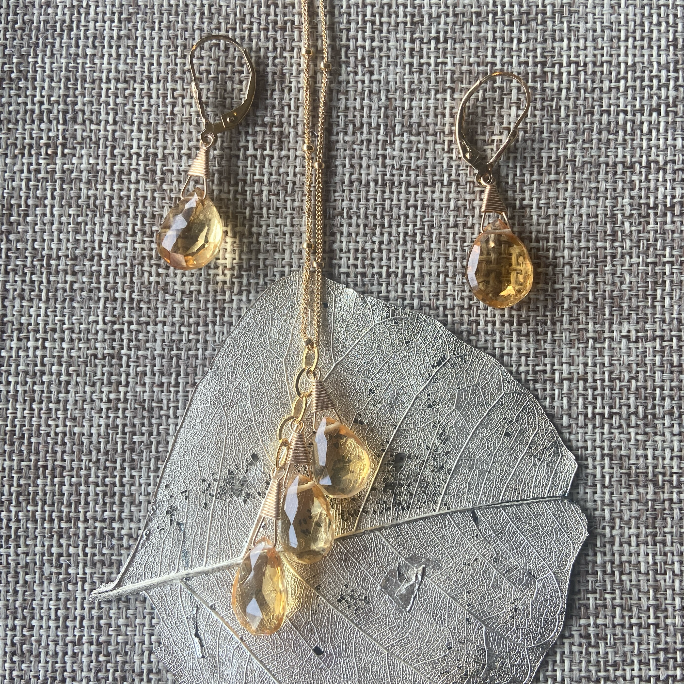 Briolette Tear Drop Citrine Necklace & Earrings